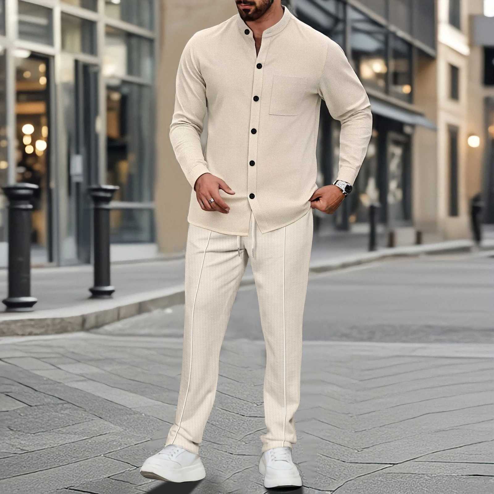 Waffle Men's Men's Tracksuits Shirt Fashionable Stand-Up Collar Button Shirt and Trousers 1/2 Pieces Comfortable Breathable Casual J260921