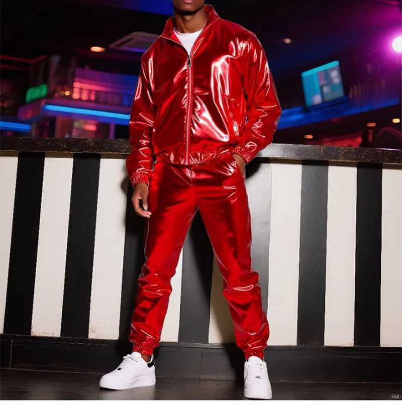 2026 Men's New Tracksuits Men's Shiny Gold Stage Performance Suit Set Silver Loose Long Sleeve Jacket with Pants Fashion Stylish Casual Ou