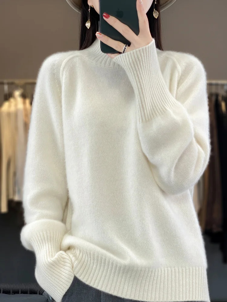 Women Cashmere Sweater 100% Merino Wool Knitted Pullover Autumn Winter Mock Neck Knitwear Female Soft Casual Fashion Warm Top 260921
