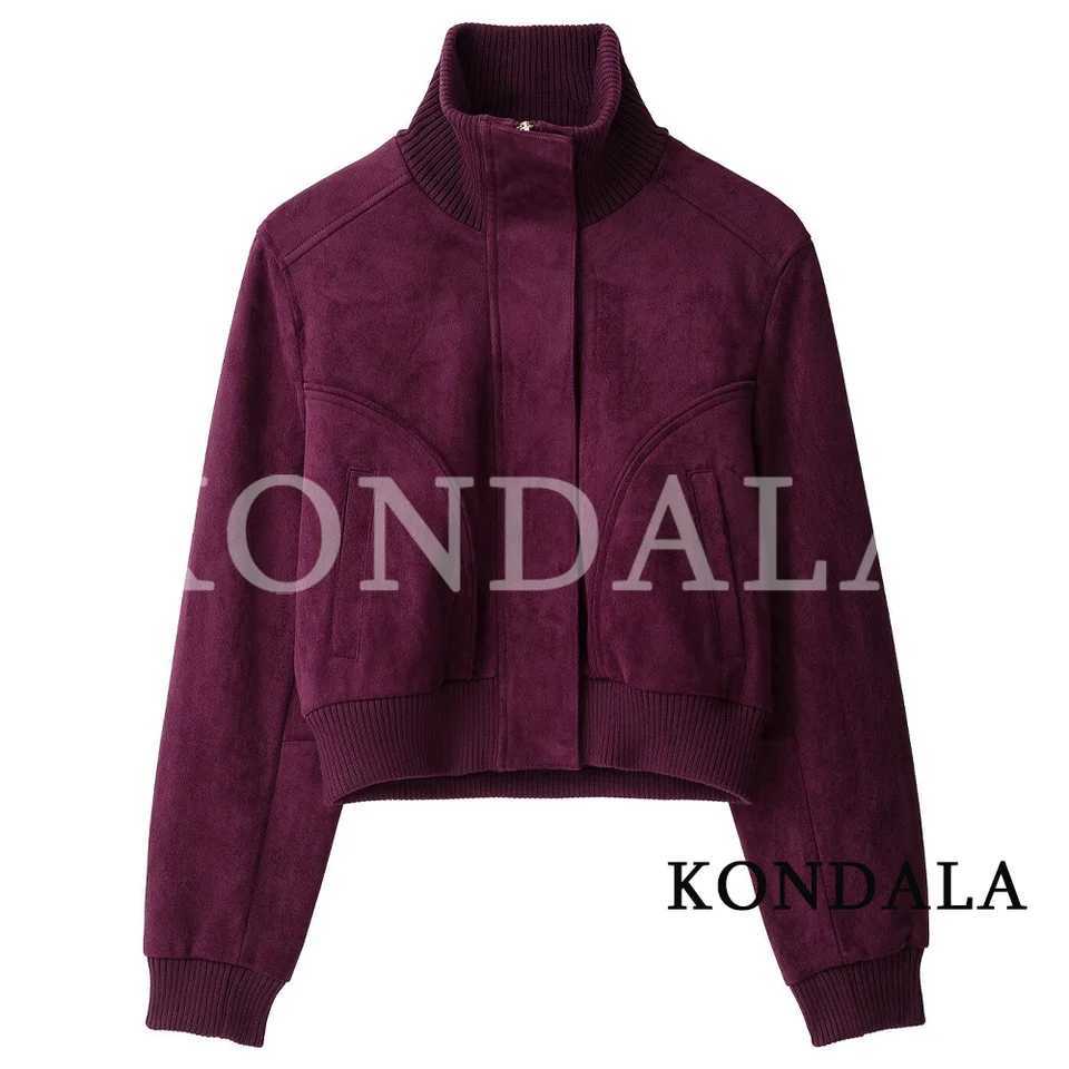 Women's Jackets KONDALA Women Vintage Faux Suede Short Jacket Chic Ribbed Stand-Collar Zip-up Jacket 2026 Fall Winter Streetwear Casual Jacket