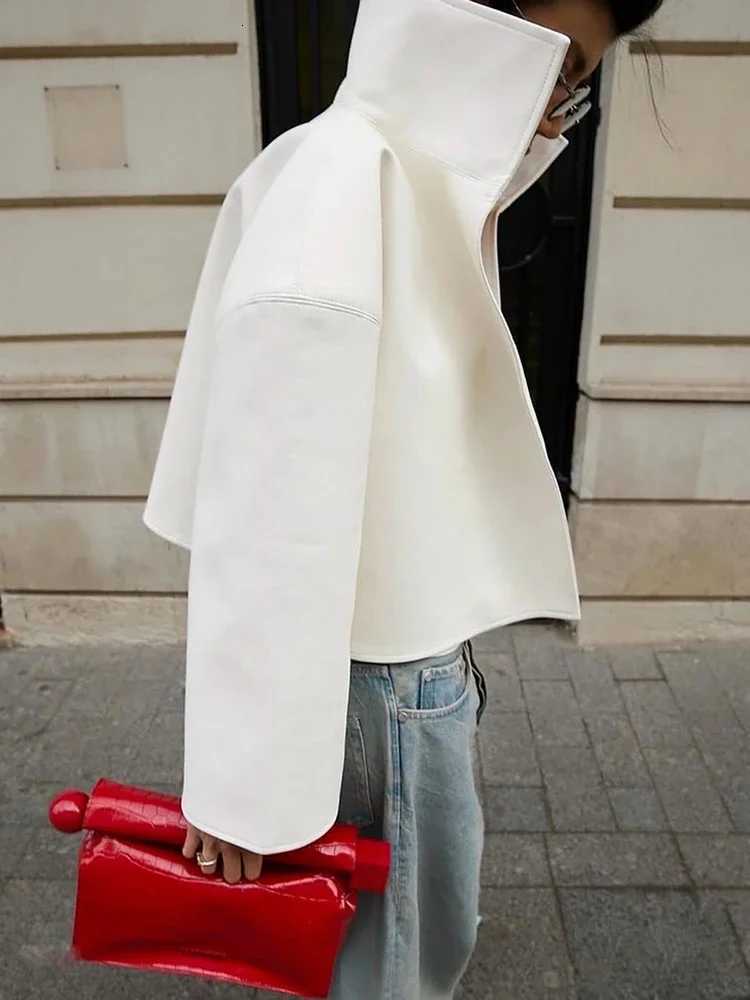 Leather Faux Women's Leather White PU Faux Leather Cropped Jacket Women Loose Stand Collar Wide Sleeve Coat 2026 Autumn Lady High Street Solid