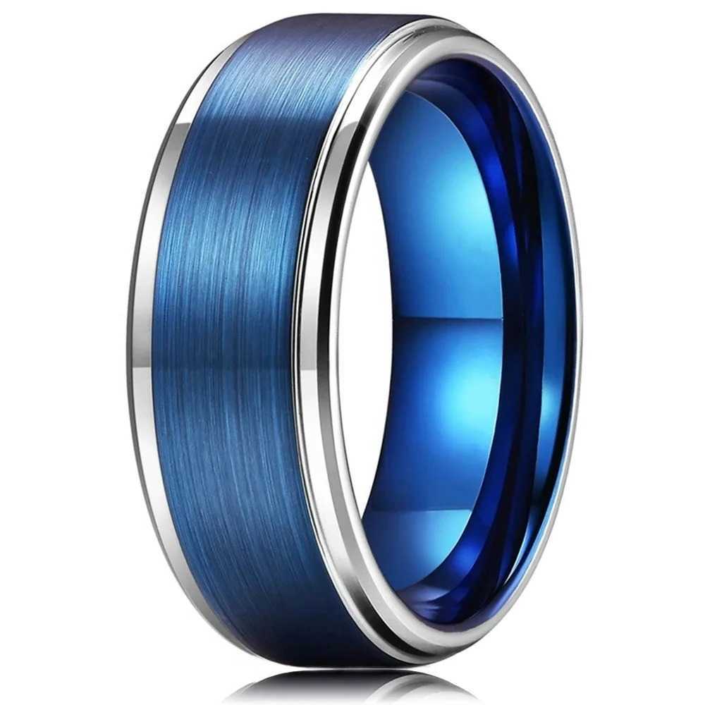 Fashion Band Rings 8MM Men Stainless Steel Ring Silver Color Step Edge Blue Brushed Engagement Rings For Men Wedding Band Jewelry WholesaleT260922