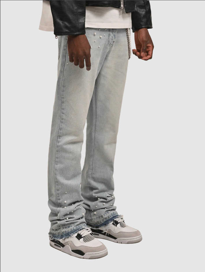 2025 Men's Jeans Men's Punk Style Splicing Pocket Beading Large Straight Jeans Male Vintage Four Seasons Trousers Street Casual Denim Pant