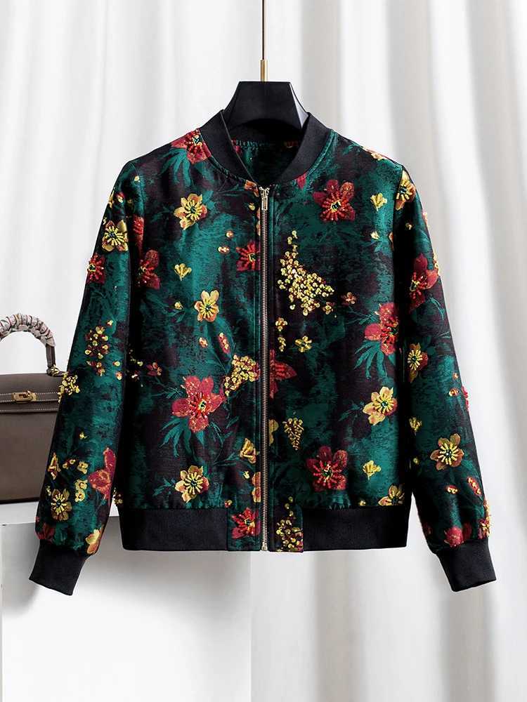 Women's Jackets Women's Emerald Green Jacquard Beaded Crystal Baseball Jacket Outerwear Stand Collar Zip Spring Autumn Casual Streetwear V