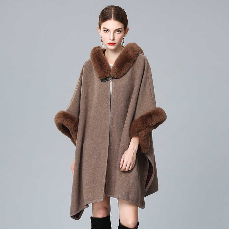 and Autumn Winter New Imitation Otter Rabbit Fur Collar Hooded Shawl Cape Plus Size Woolen Coat Loose Cardigan for Women S260922RJ30