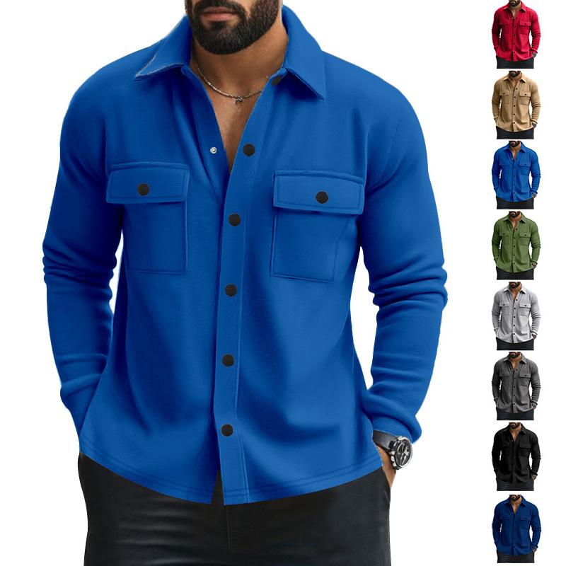 Veste de chemise à col à revers pour hommes, fermeture à boutons sur le devant, manches longues, vêtements d'extérieur, deux poches à rabat sur l