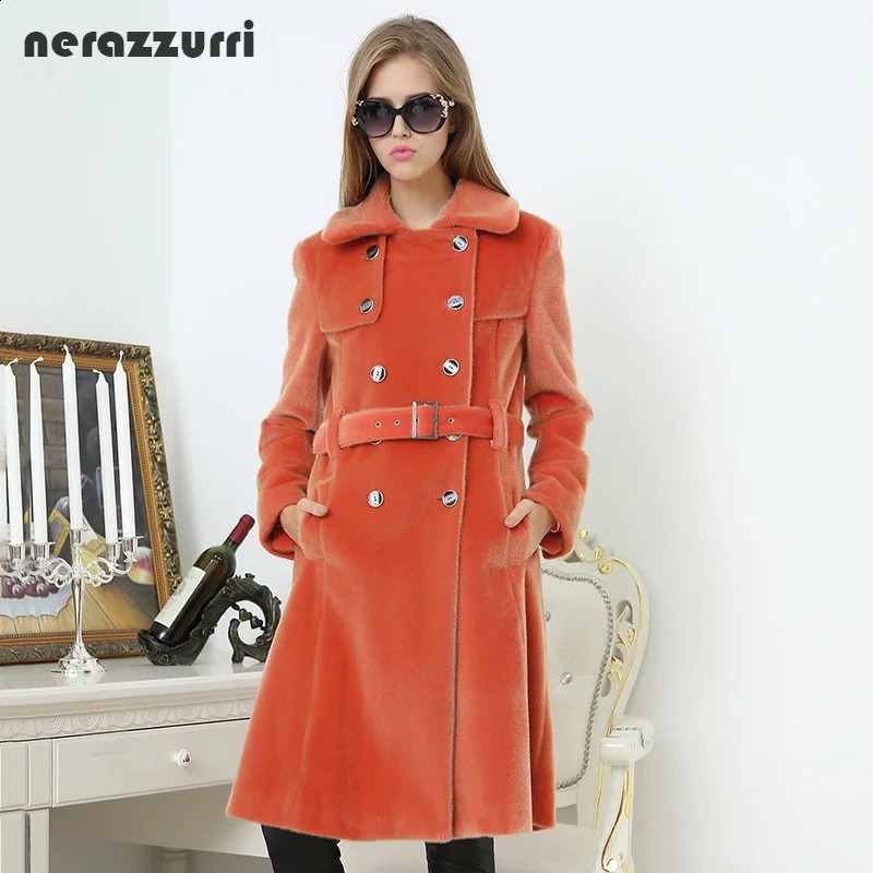 Nerazzurri Spring Long Trench Coat for Women Fashion Autumn Double Breasted Casual Slim British Style Orange Faux Fur Overcoat 260921