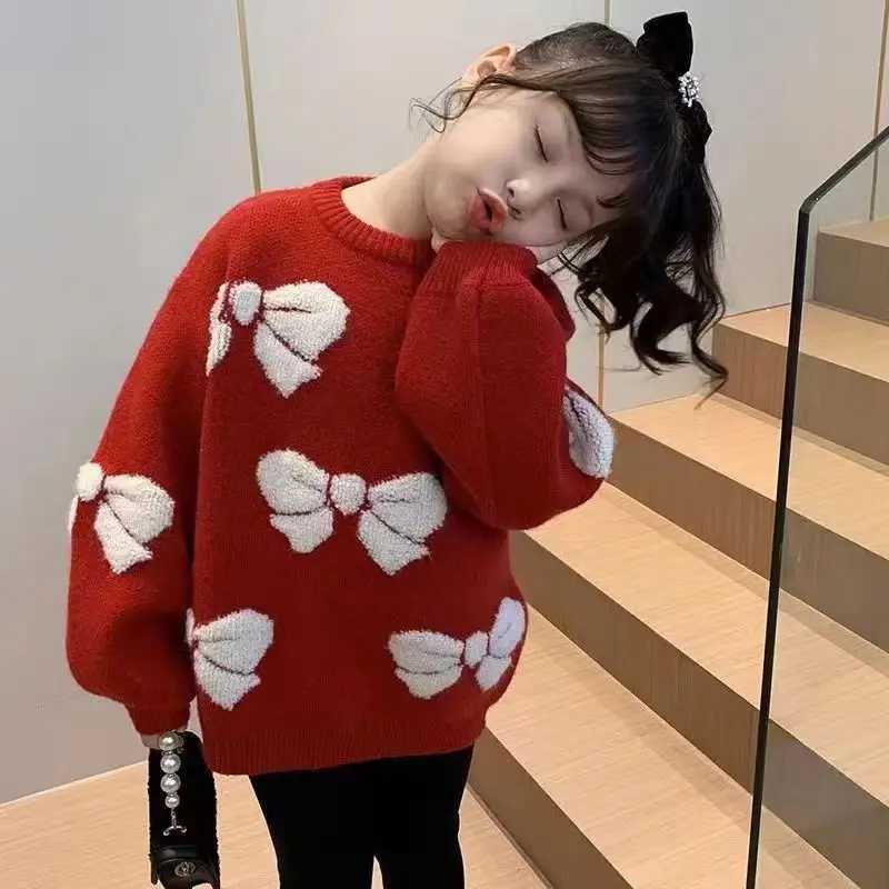 Autumn Christmas Sweaters Pullover Girls Winter New Bowtie Print Round Neck Knit Xmas Pullover For 4-12 Years Girls Warm Knitwear Top C260921