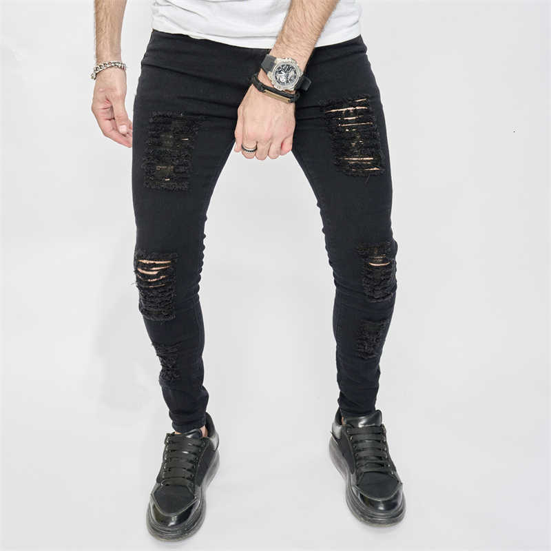 Jeans Black Men's Skinny Stretch Ripped Jeans Men's Slim Distressed Kpop Y2K Hip Hop Rock Pants Street Style Ripped Stretch Denim Trousers