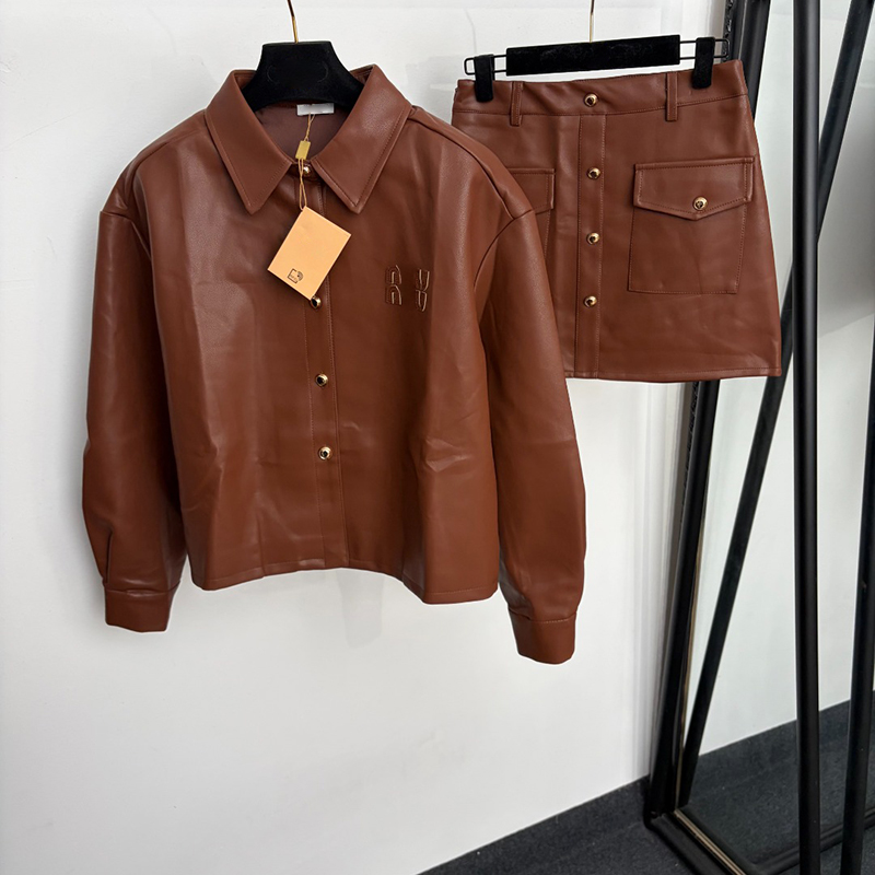 Classic PU Leather Jacket Skirt Set Single Breast Button Cardigan Coats Street Style Personality Charm Female Trench Coats Luxury Windbreakers Cloth