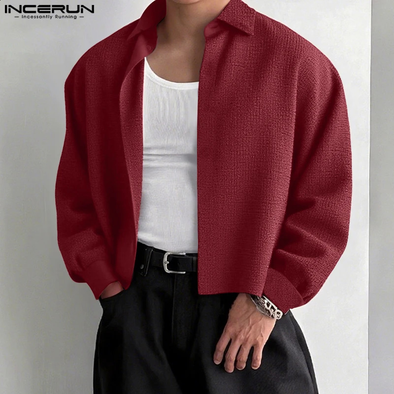 INCERUN Men Shirt Solid Color Lapel Long Sleeve Open Stitch Casual Men Clothing Autumn Loose Streetwear Fashion Male Shirts 260921