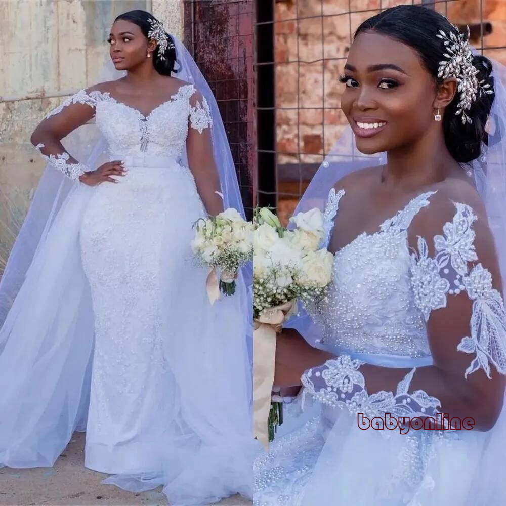 Bridal Gowns White Wedding Dresses Mermaid Ivory Formal Trumpet Applique Custom New Plus Size Lace Up Zipper O Neck Tulle Beaded Long Sleeve Illusio