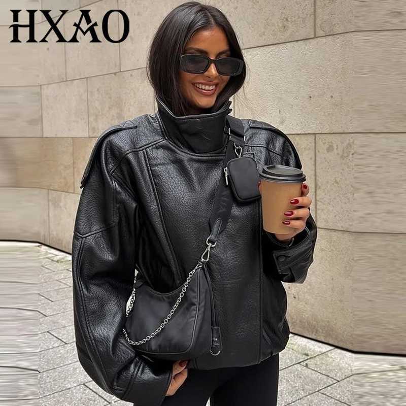 Jackets HXAO Women's Black Faux Leather Jacket Woman 2025 Asymmetric Long Sleeve Outerwears New In Coats Jackets Biker Jacket C260921