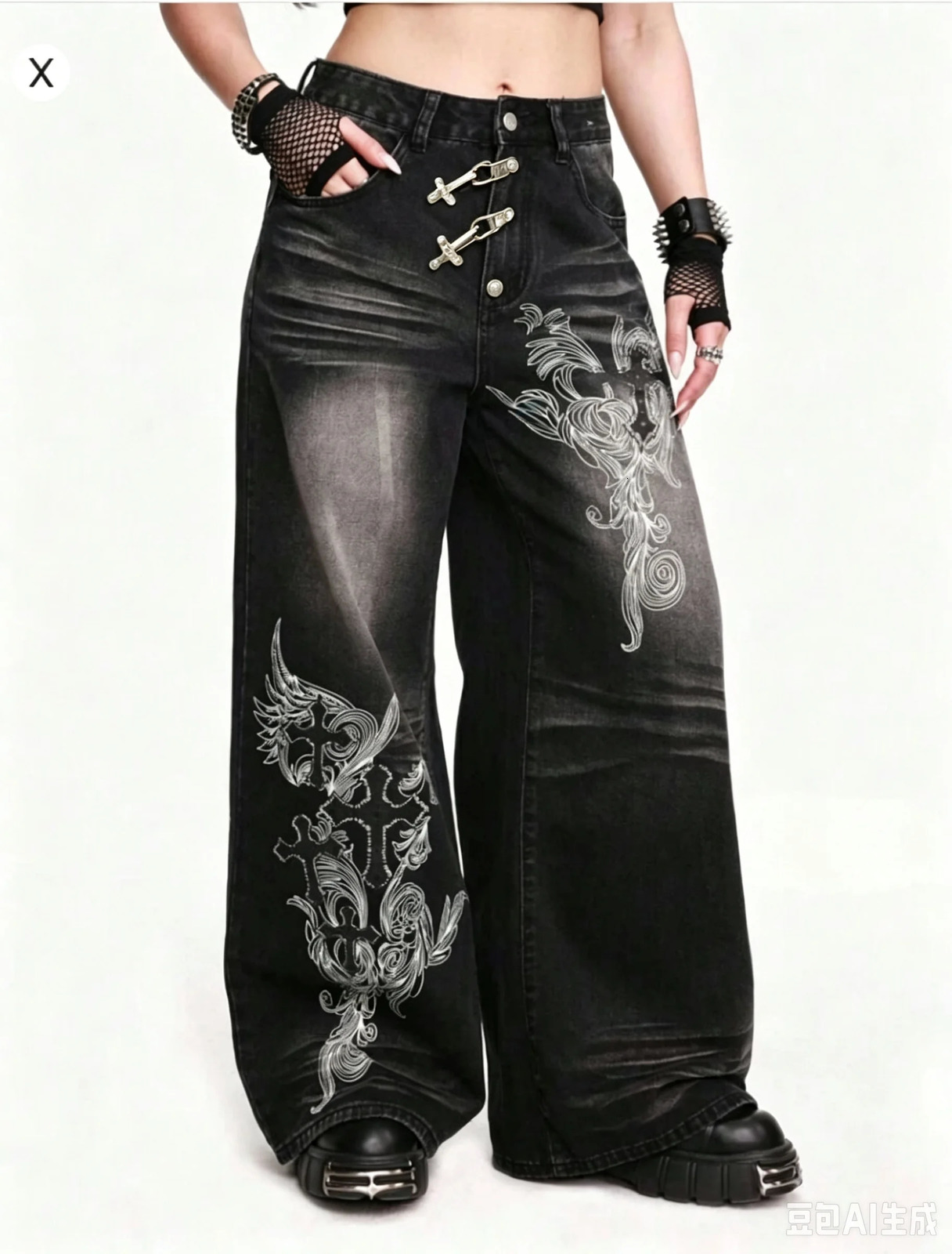 Women High Waist Wide Leg Jeans Gothic Cross Print Black Washed Punk Metal Buckle Baggy Denim Pants Casual Streetwear Trousers 260921