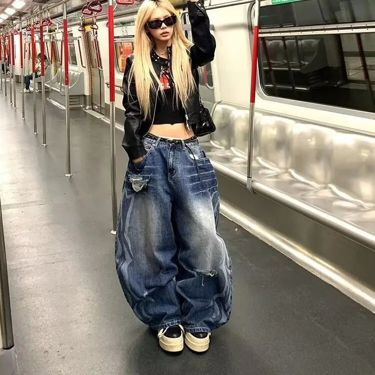 ONE TO WAN Women Jeans Baggy Wide Fit Boyfriend Denim Pants Grunge Punk Ripped Y2K Japanese Harajuku 2000s American Retro n 260915