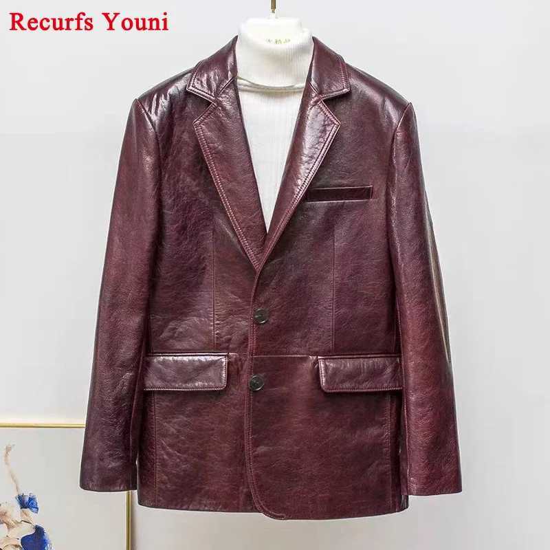 Wax Leather Oil Burgundy Suit for Women 2026 Winter Genuine Sheepskin Black Coat Back Split Flip Pocket Jacket Blazer Feminino C260921