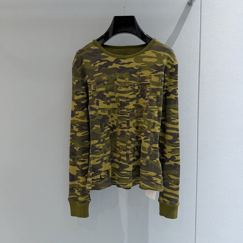Y2K Camo Print T Shirts Women Designer Round Neck Long Sleeve Slim Fit Ribbed Tee Vintage Night Club Streetwear Tops