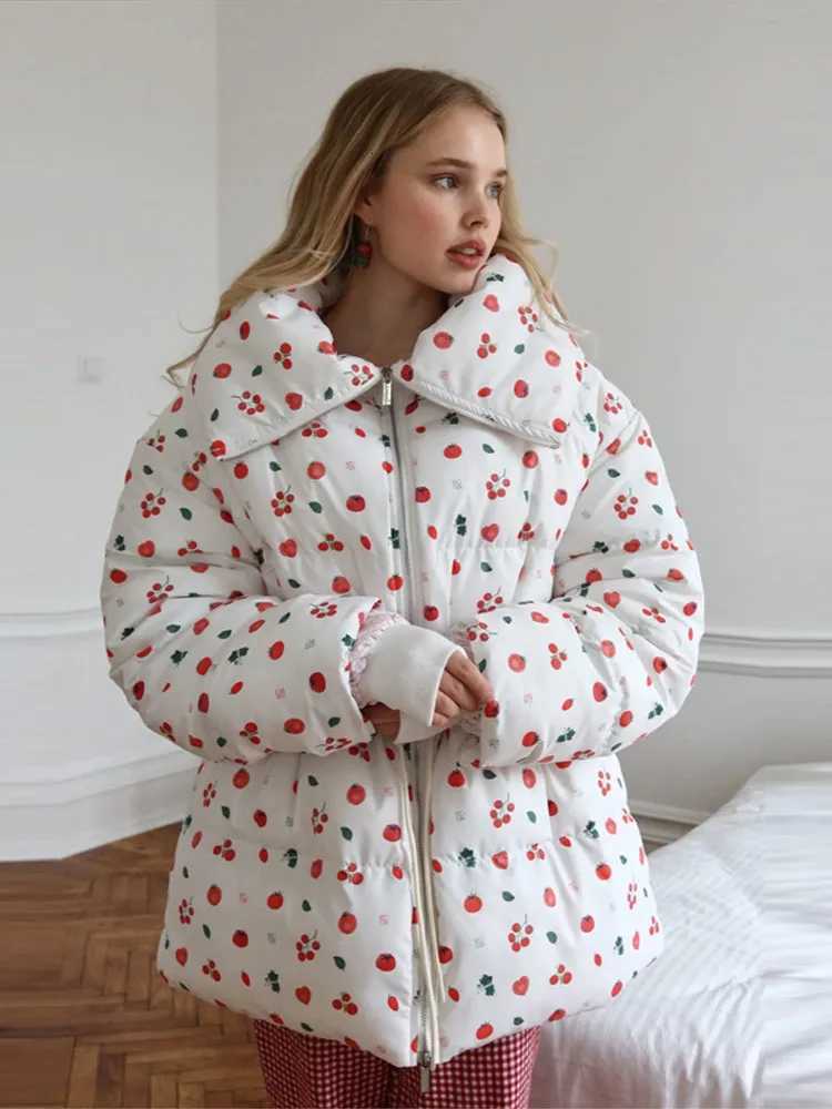 Women's Jackets Fashion Cherry Printed Women's Puffer Jacket Lapel Zipper Loose Long Sleeves Drawstring Warm Chic 2026 Winter New Daily We