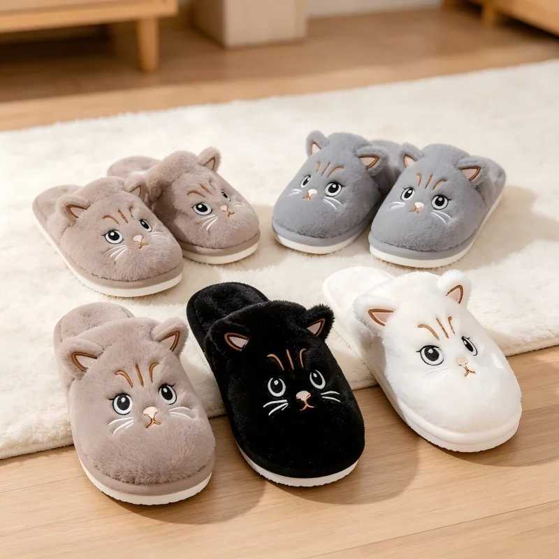 2026 Winter Cotton Fluffy Soft Slippers Women Indoor Home Quiet Cat Cartoon Sandals Men Cute Indoor Fuzzy Fur Slides Funny Shoes T260922