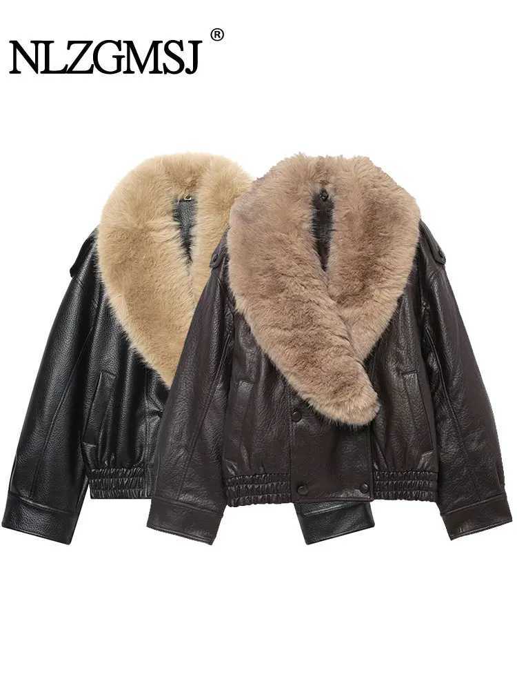 Women's Jackets Nlzgmsj 2025 Autumn Winter Casual Chic Brown Fur Collar Leather Jackets Women Long Sleeve Pockets Coats Fashion Outwear C260921