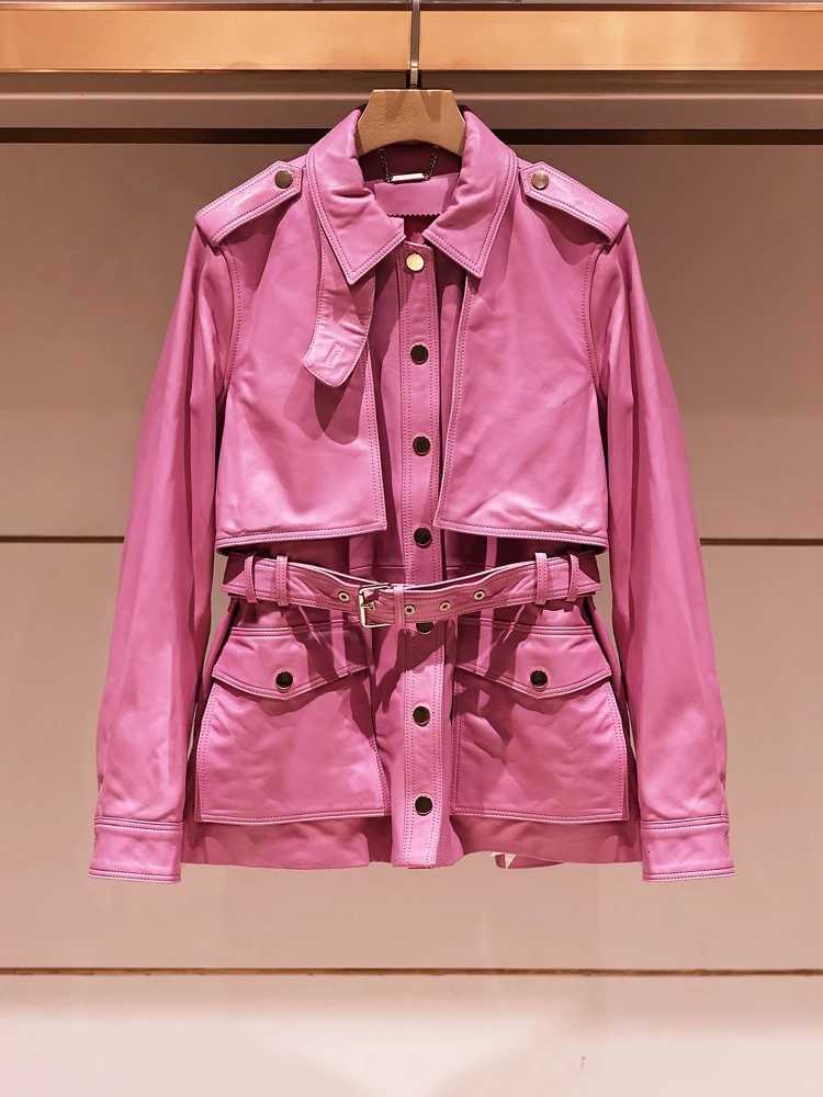 Women's Jackets Vintage Motorcycle Style Leather Coats Women 2025New High Quality Pink PU High Waist Jacket Fall/Winter Elegant Fashion Coat To