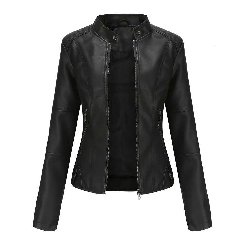 Women's Jackets Women's Slim Fit Leather Jacket with Motorcycle Suit Large Standing Collar Autumn Black Zipper Outdoor Leather windproof T
