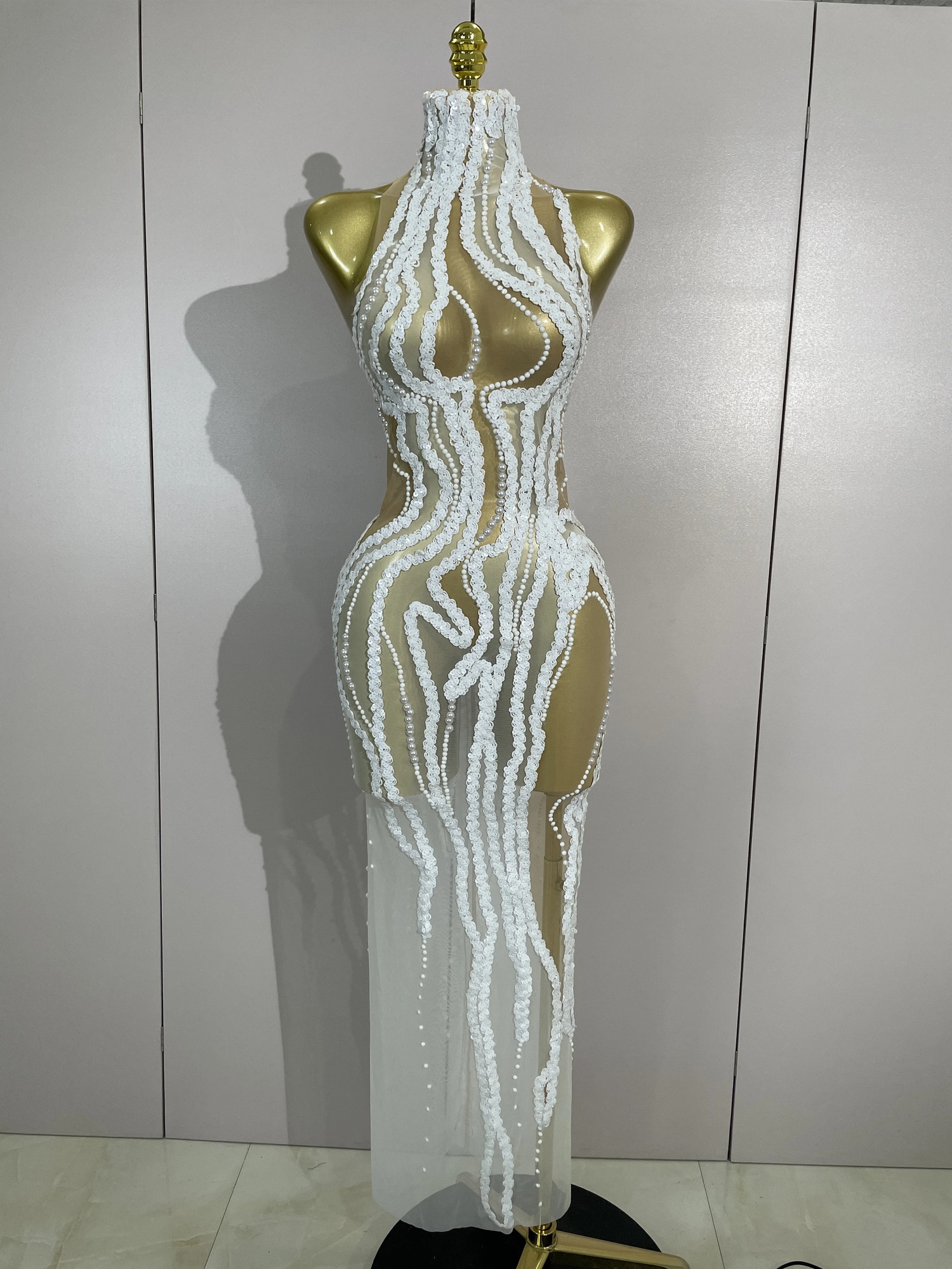 Sexy Mesh See Through Long Dress Women Elegant White Pearls Sequins Birthday Evening Celebrate Party Nightclub Show Stage Wear 260922