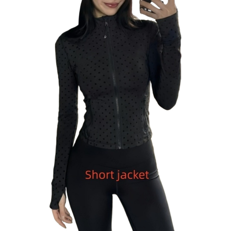 Flocked Polka Dot Yoga Set DF jacket Womens Stand Collar Slim Fit LongShort Jacket with Polka Dot Leggings Yoga 2 Piece Set Polka shorts skirt and b