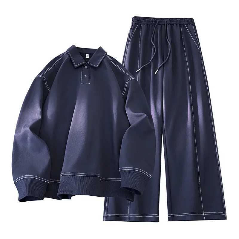 Plus Men's Tracksuits Japanese Size Set Men 2-Piece Sportswear Casual Outdoor Spring Square Neck Long SLeeve Shirt Elastic Waist Jogger Pant J2