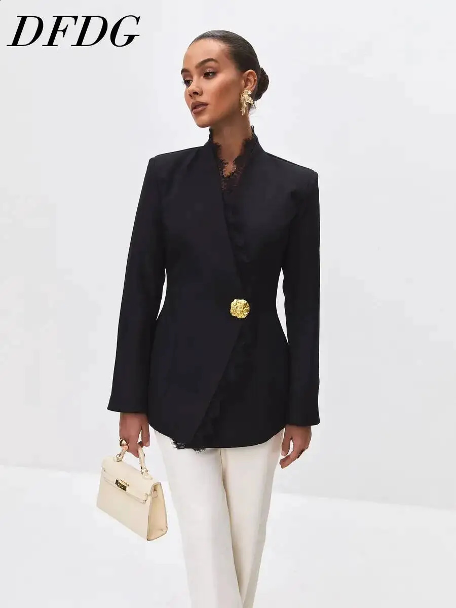 DFDG Women 2026 Spring Autumn Wrap V Neck Blazer Lace Trim Single Big Metal Button Fitted Waist Long Sleeve Elegant Outer Coat 260922