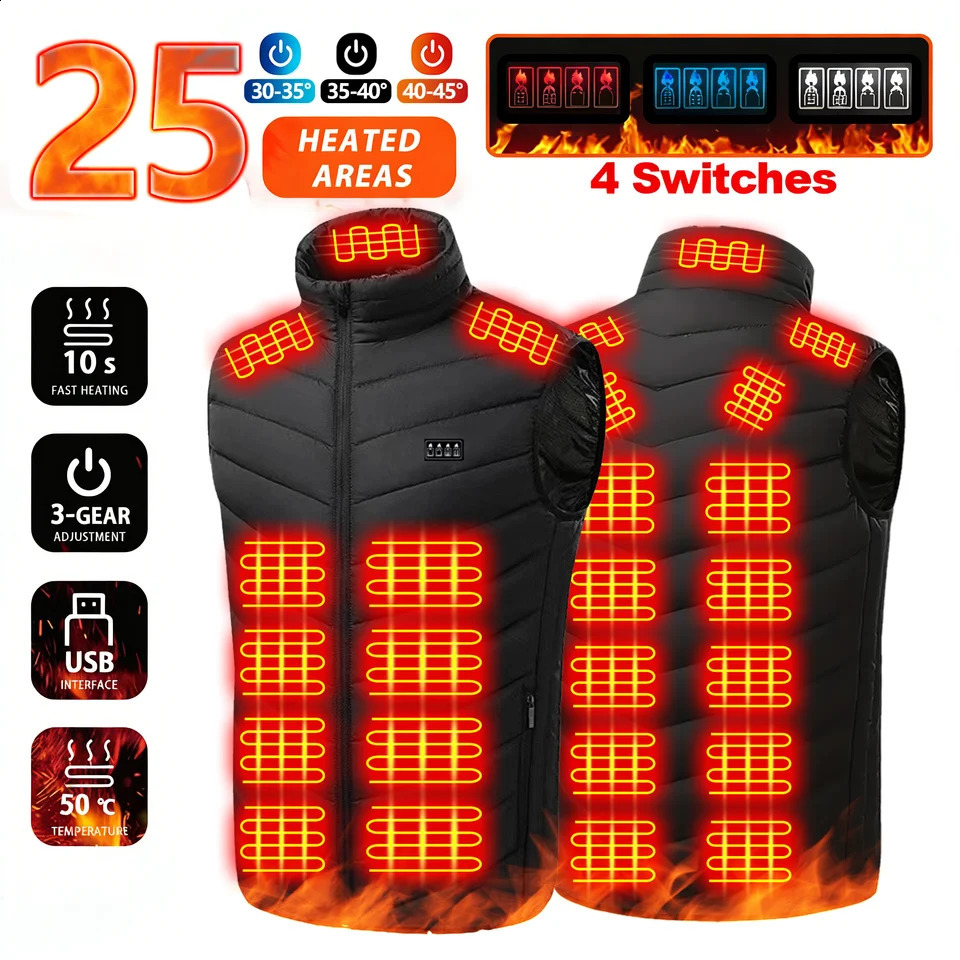 Winter Intelligent Heated Vest Fast Heating 25 Heating Zones 3 Temperature Settings 4-Zone Control USB Port for Men's Outdoor We 260921