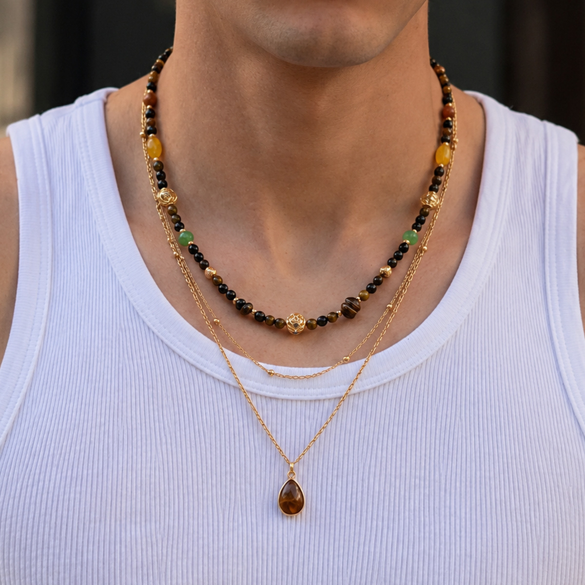 European and American minimalist style, high-end men's teardrop pendant necklace, bohemian tiger's eye stone beaded layered necklace