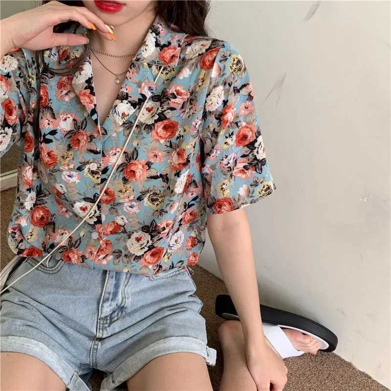 Women's Jackets Vintage Short Sleeve Printing Button Shirt Tops Women Clothing Summer New Floral Polo Neck High Street Blouse Casual Fashion C2