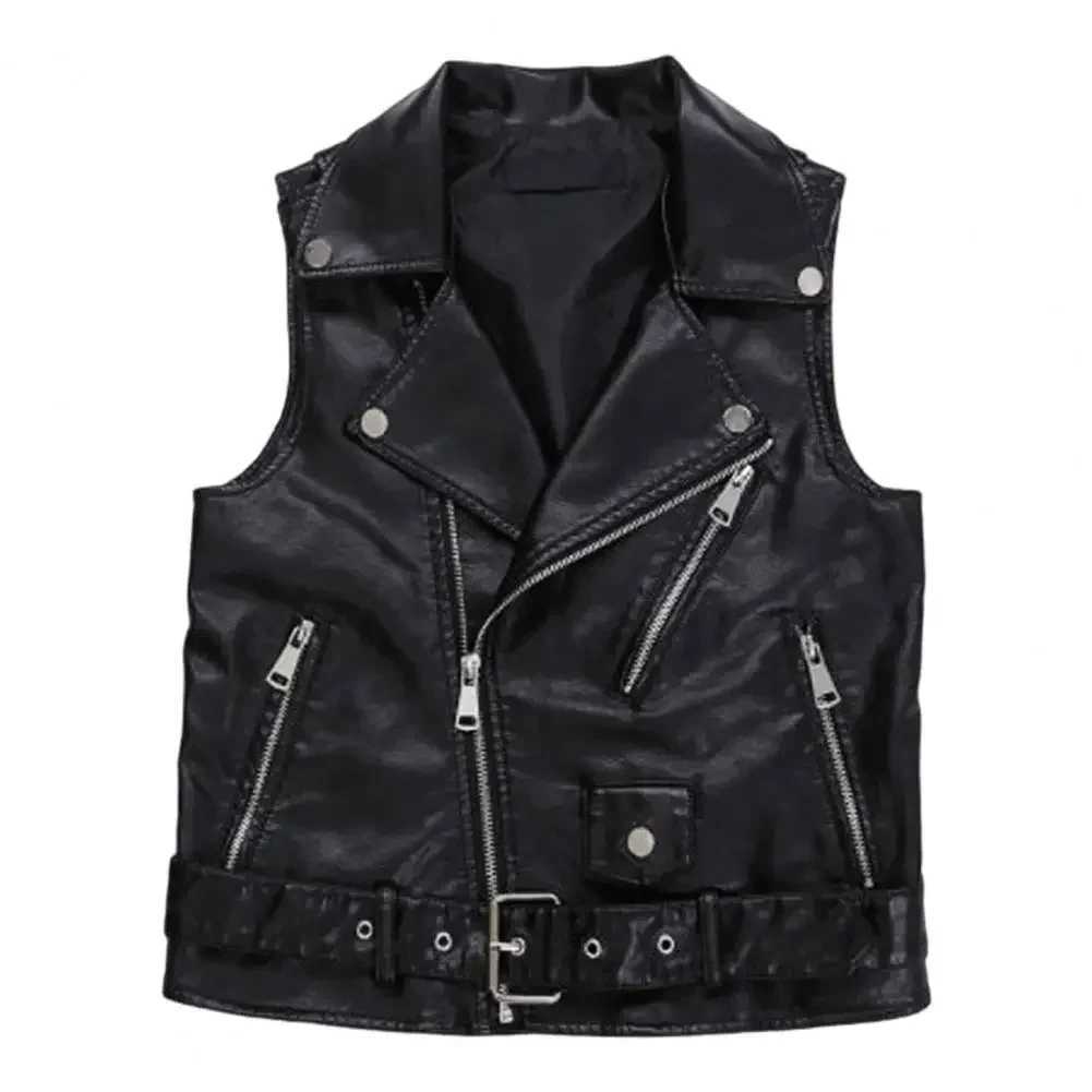 Women's Jackets Belt Decor Vest Coat Stylish Women's Faux Leather Vest with Belted Turn-down Collar Zipper Pockets Retro for Commuting C26