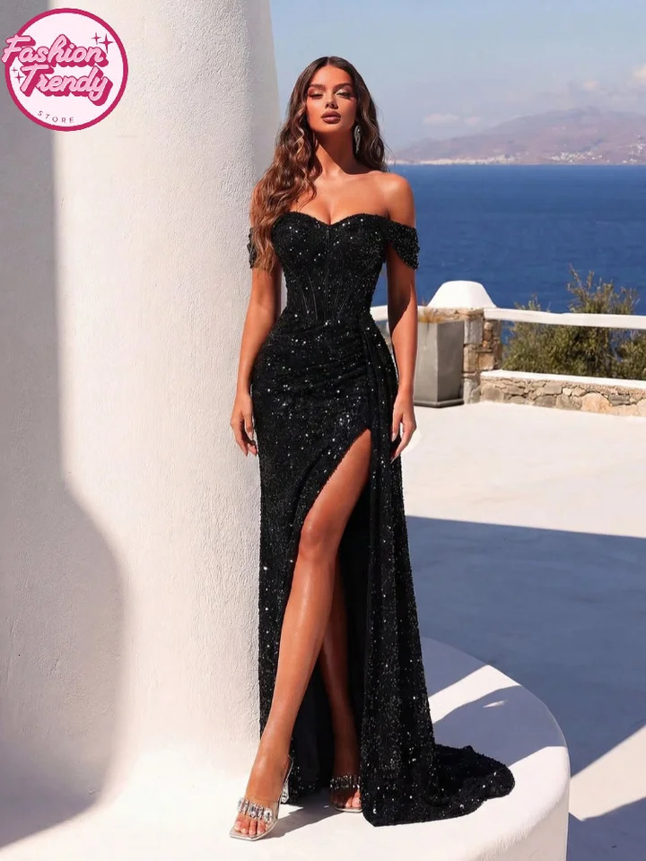 y Sequin Off Shoulder Evening Gown Sexy Solid Waist Contour Ruching Lowy High Slit Dress Outdoor Beach Wedding Dinner Robe 260922