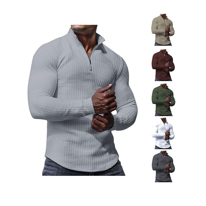 Mens Waffle Knit Long Sleeve Shirt Quarter Zip Stand Collar Textured Fabric Slim Fit Curved Hem Casual Pullover Top Men Daily Outfit Pullover