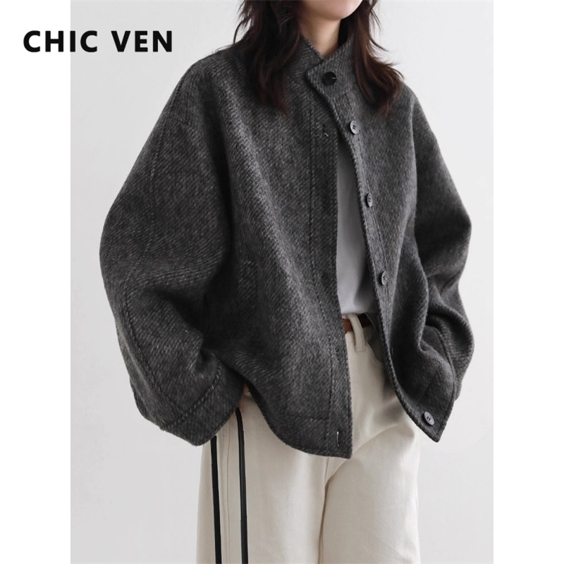 CHIC VEN Women Short Woolen Coat Stand Up Twill Texture Single Breasted Ladies Jacket Retro Woman Outwear Autumn Winter 260921
