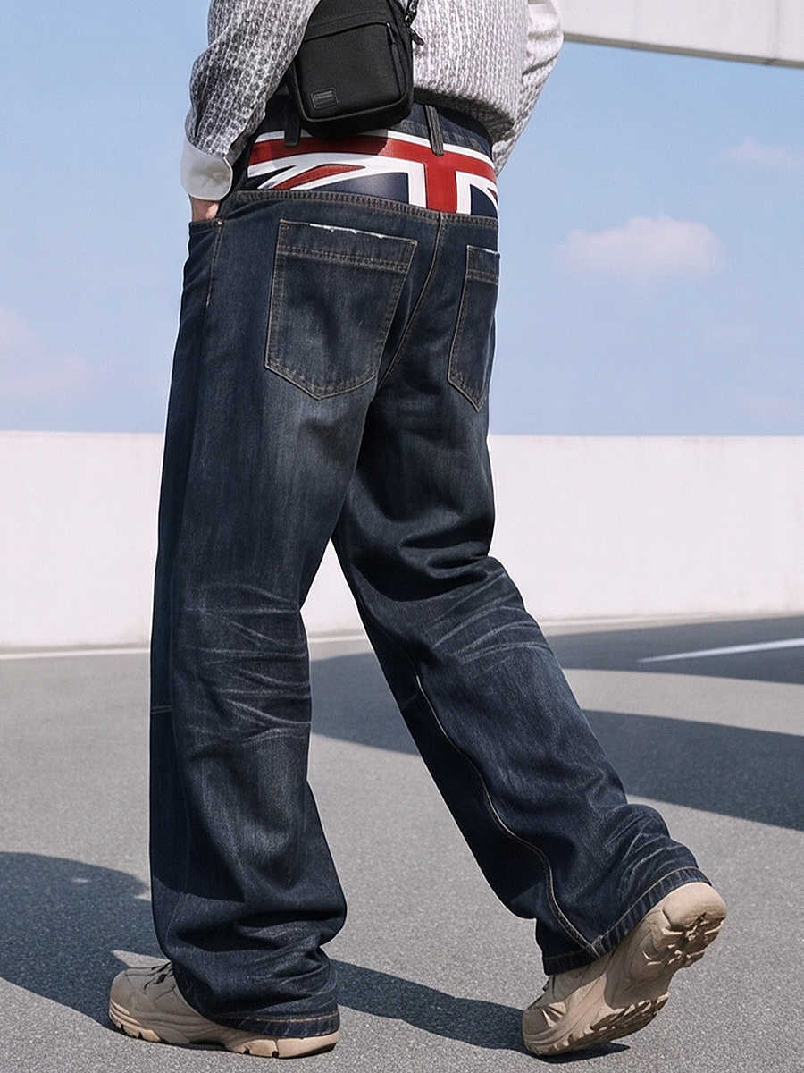 British Men's Jeans Style Heavy Washed Baggy Men's Jeans Autumn Winter Denim Pants Man Rice Shaped Flag Wide Leg Straight Woman Trouser Ma