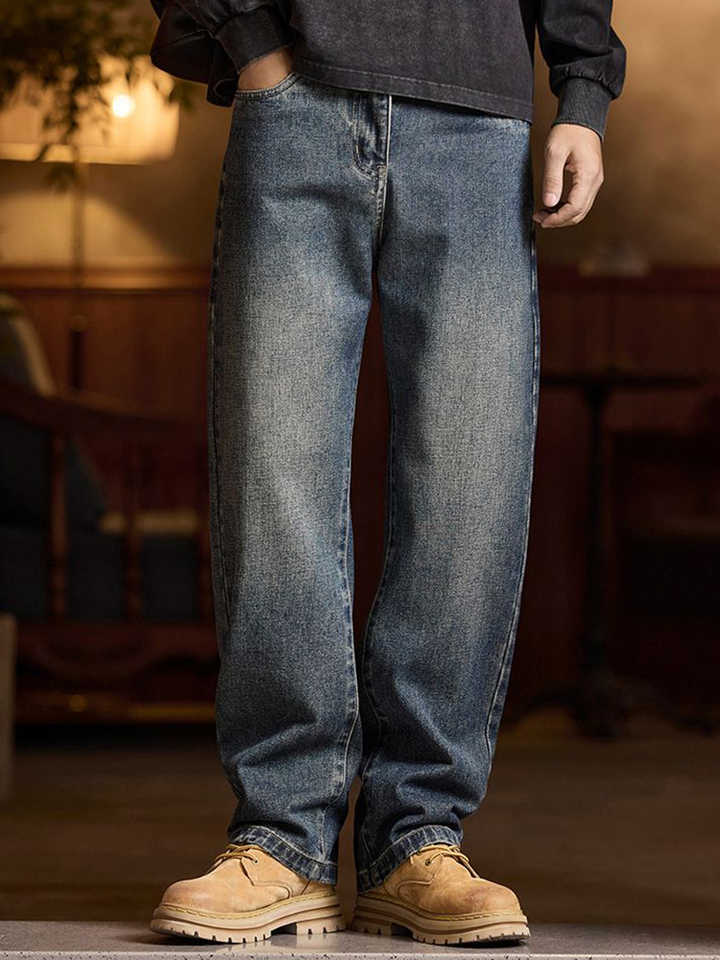 Jeans American Men's Men's Y2K Retro Blue Denim Jeans Autumn Spring Relaxed Fit Korean Streetwear Casual Wide-leg Pants with Spliced Pocke