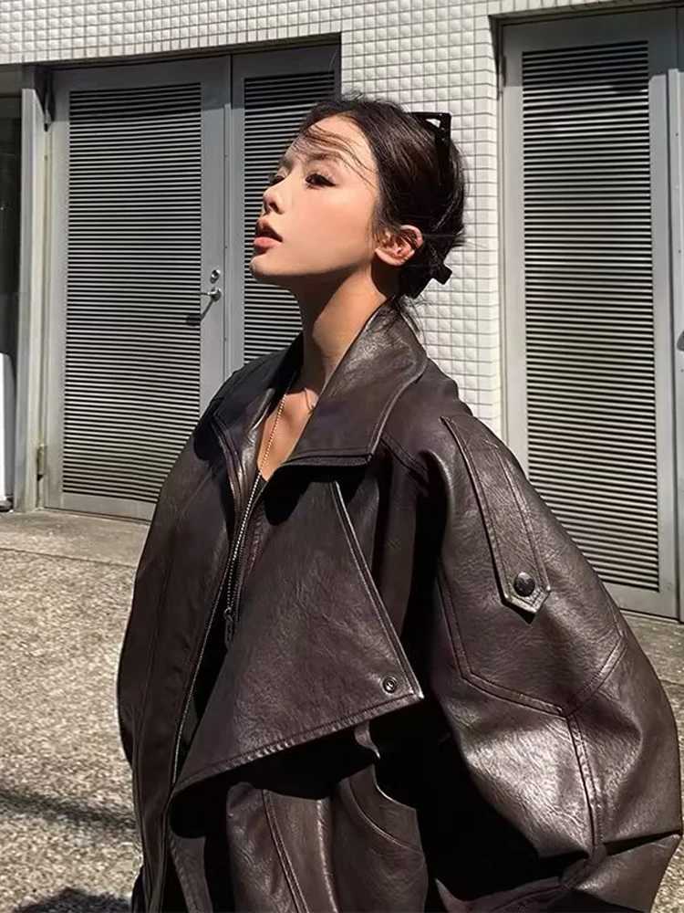Belted Solid Asymmetrical PU Leather Jacket Women Lapel Collar Zipper Loose Fit Coat 2025 Autumn Casual Street Style Outerwear C260921