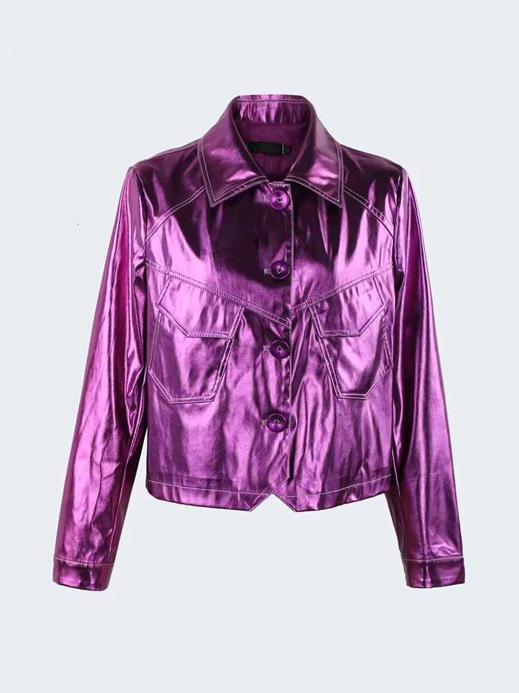 Short Mauroicardi Spring Shiny Reflective Lightweight Soft Faux Leather Jacket Women Long Sleeve Luxury Designer Clothes 2025 C260921