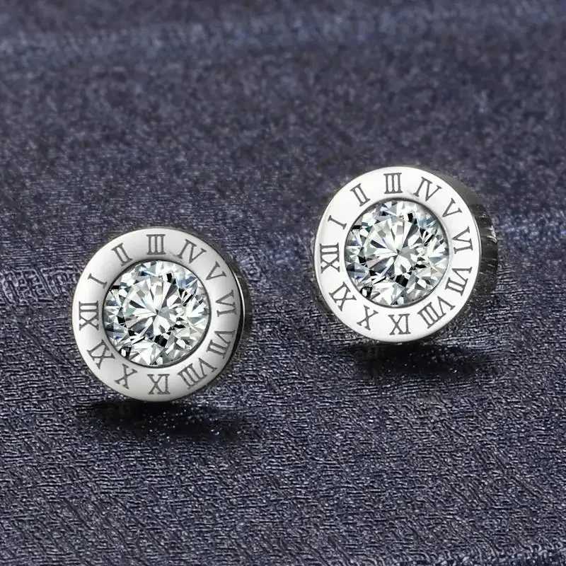 Stud Classic Trend Geometric Circle Crystal Roman Numeral Stud Earrings for Women Temperament Gold Color Stainless Steel Jewelry Gift X260921