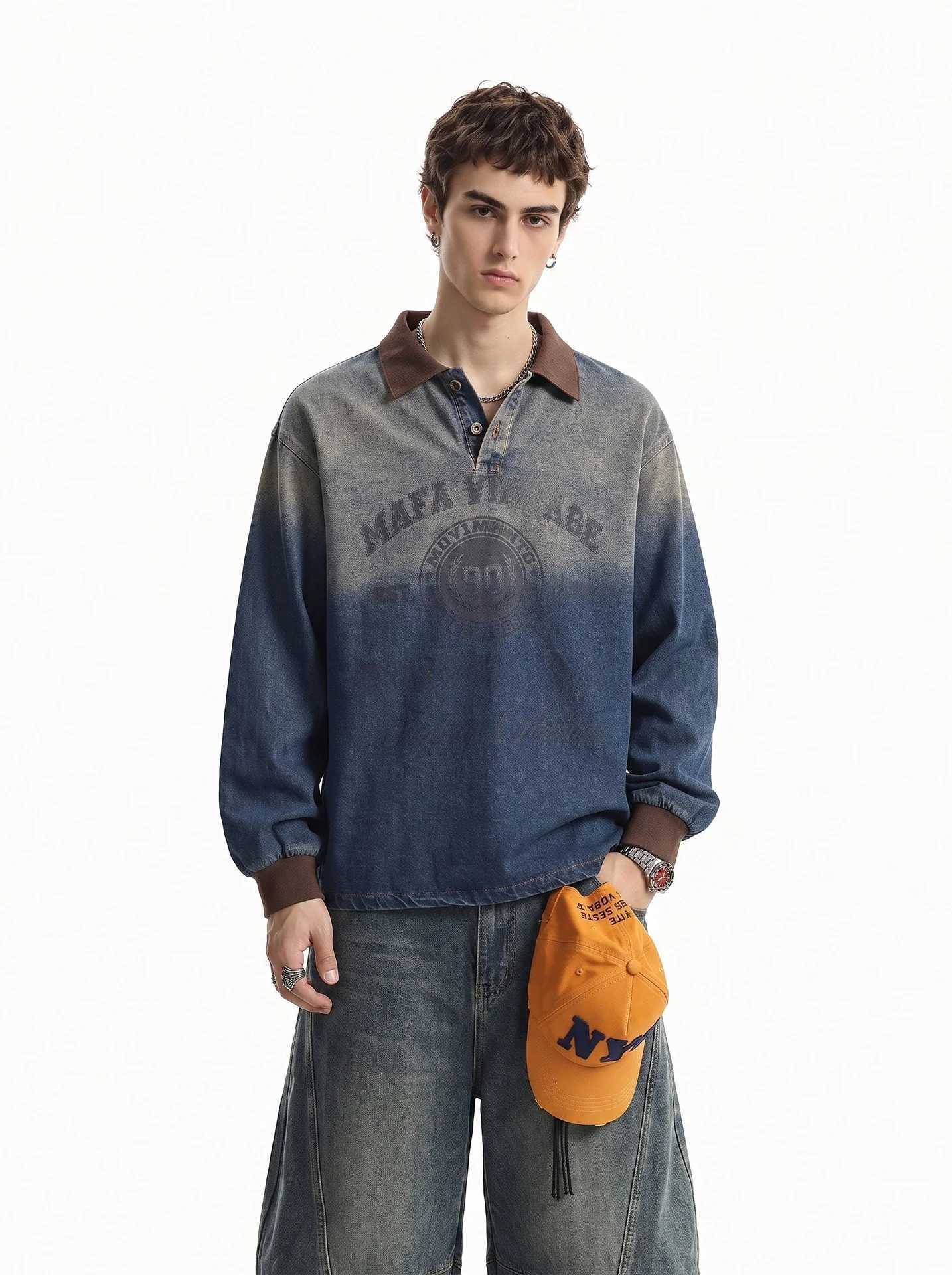 Retro Men's Hoodies Sweatshirts American Gradient Denim Sweatshirt Men's Loose Fit Autumn New Style Printed Casual Long Sleeve T-Shirt C26