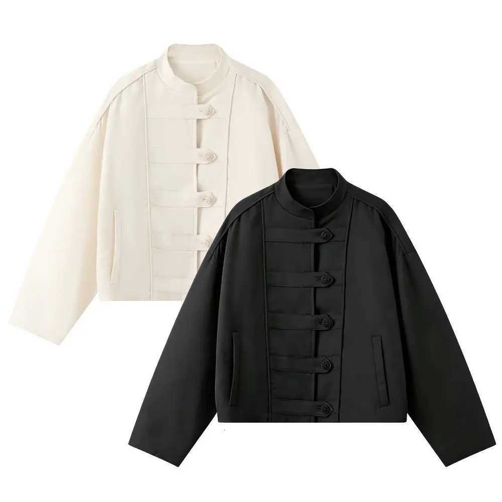 Women's Jackets 2026 Summer Women's Vintage Chinese Knot Buttons Oversized Short Jacket Lady Elegant Linen Stand Collar Cropped Loose Coat