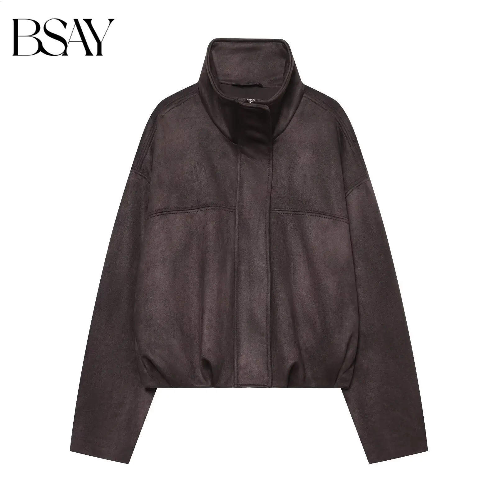BSAY 2026 Autumn Casual Commute Women Faux Suede Jacket Stand Collar Bubble Hem Oversized Loose Cropped Long Sleeve Outer Coat 260921