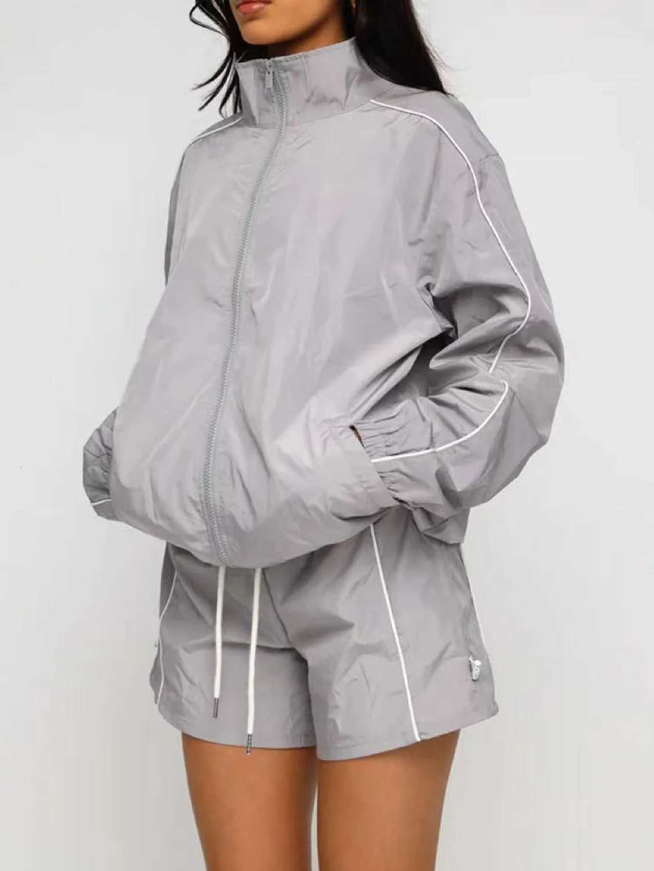 Women's Jackets Women's Stand Collar Zipper Drop Shoulder Jacket Casual Sporty Outerwear Loose Fit Fall Winter Coat Spring Autumn Fashion