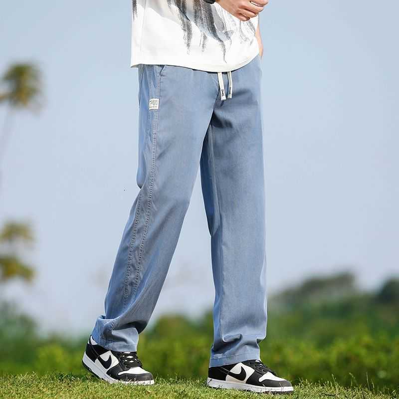 Jeans Men's Men's Summer Soft Lyocell Fabric Jeans Thin Loose Straight Denim Pants Drawstring Elastic Waist Casual Trousers Plus Size M-5X