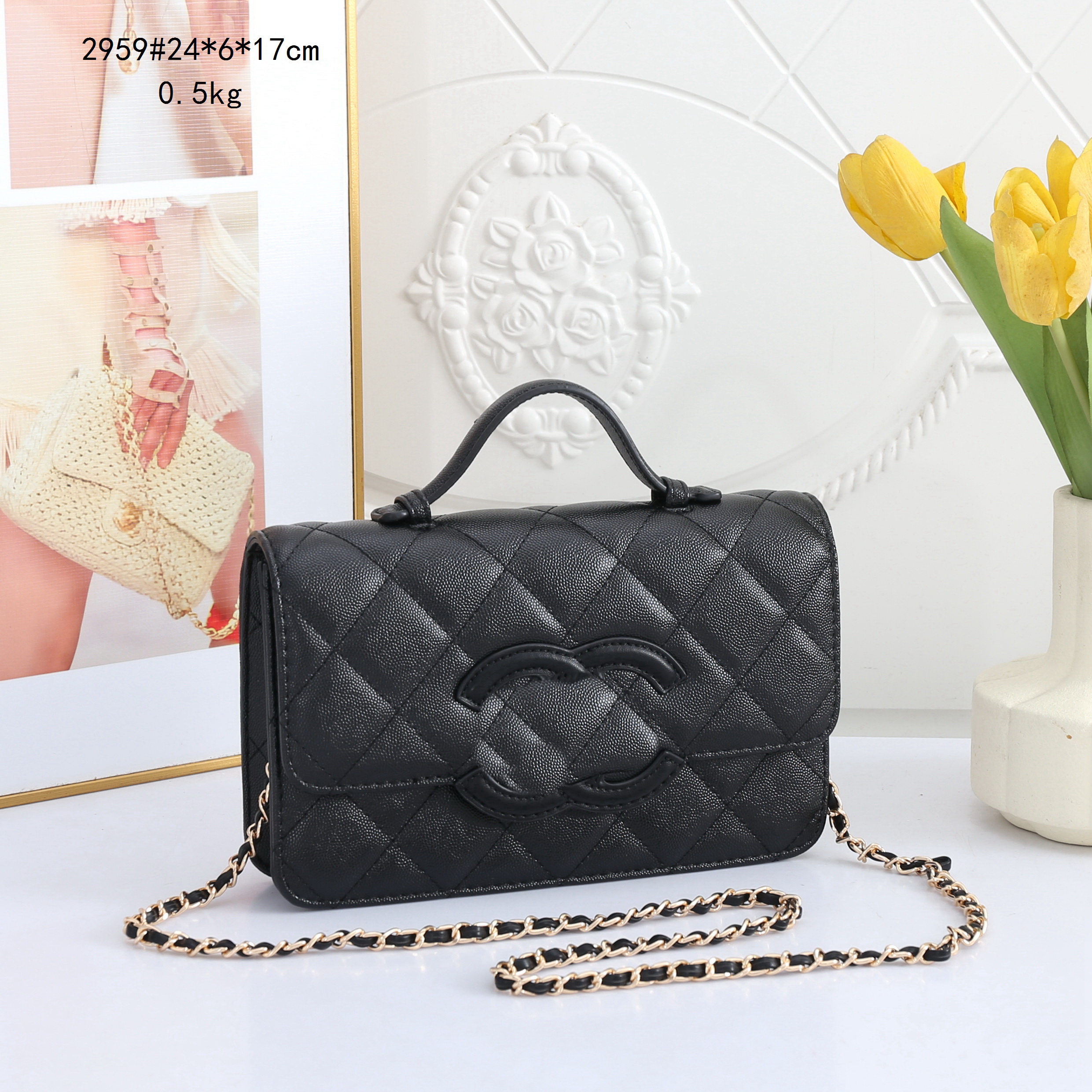 Designer Bag CF CC 26B Quilted Top Handle Flap Bag Black Caviar Leather Chain Crossbody Purse Gold Hardware Women Luxury Shoulder Bags Handbag, Fash