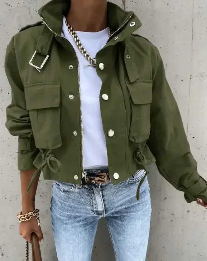 Women's Jackets Woman Jacket Clothing Streetwear Elegant Slim Round Neck Solid Pocket Button Design Long Sleeve Workwear Coats 2023 Autumn C260