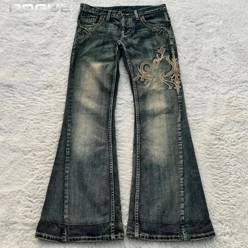 Summer Streetwear Embroidered Flare Jeans Men Y2K Retro Gothic Punk Casual Harajuku Distressed Vintage Black Denim Pants Unisex 260921